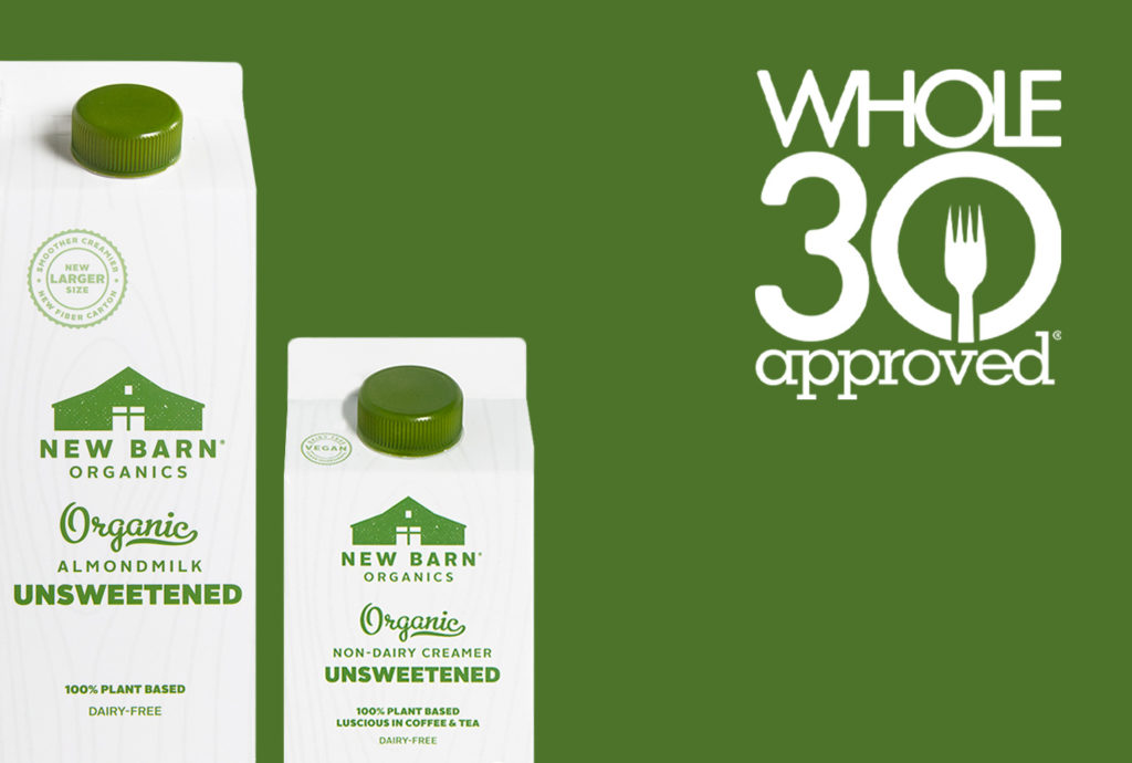 New Barn Organics almondmilk logo and product