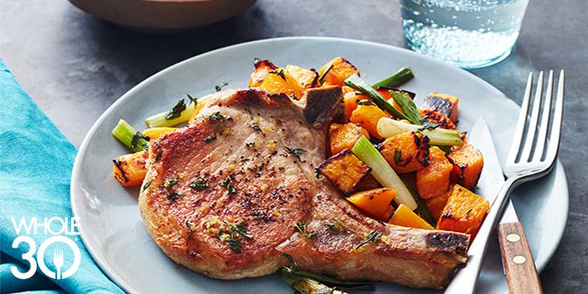 The Whole30 Fast & Easy Cookbook: Pork Chops and Squash over Green Onions