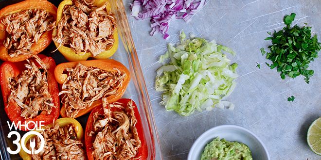 Whole30 Shredded Chicken Tacos in a Red Pepper Boat