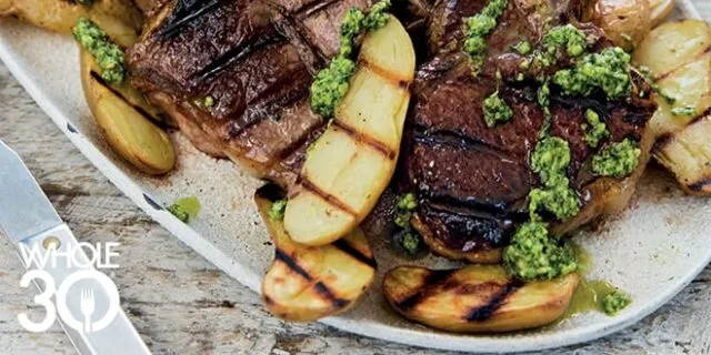 Whole30 Lamb Chops and Fingerlings with Arugula Pesto