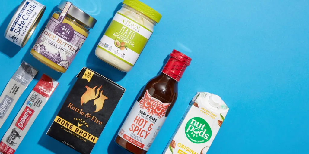 Whole30 Approved products on blue background