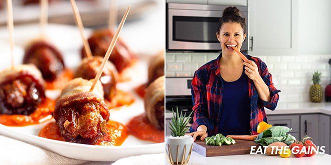 Whole30 Memorial Day Recipes for Bacon Wrapped Chorizo Stuffed Dates by Eat The Gains 