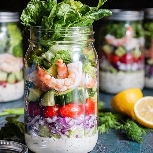 Lemon dill shrimp salad in a ball jar