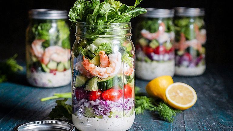 Lemon dill shrimp salad in a ball jar