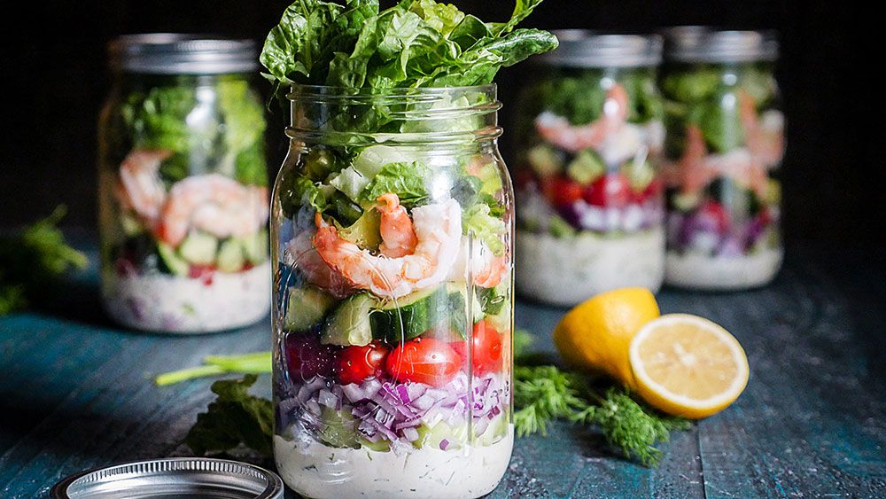 Lemon dill shrimp salad in a ball jar