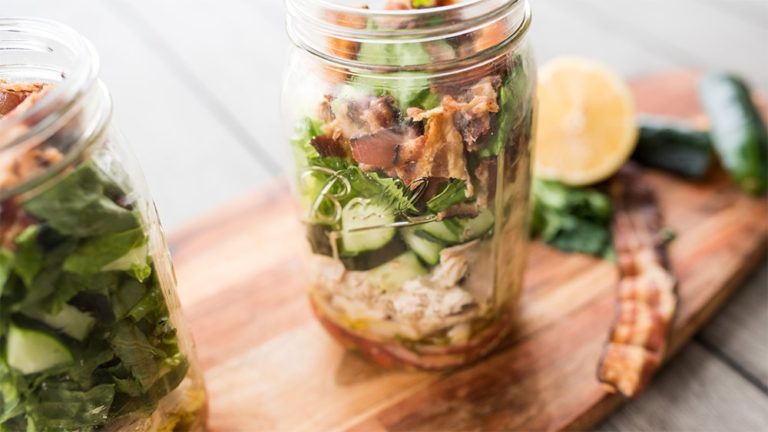 Bacon lettuce cucumber salad in a Ball mason jar