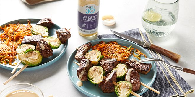 Creamy Balsamic Whole30 Beef and Brussels Kebabs HERO