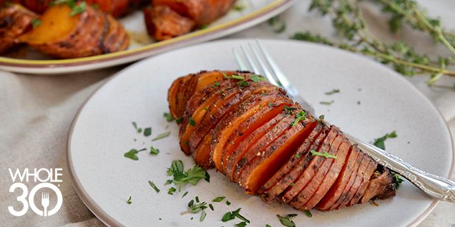 Whole30 Hasselback Sweet Potatoes Thanksgiving Holidays Side Dish