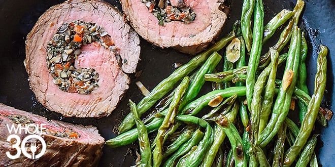 Mushroom-Stuffed Beef Roulade with Garlicky Green Beans