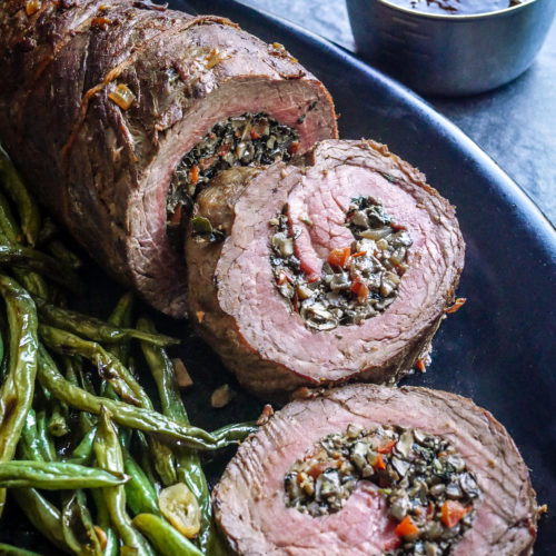 Mushroom-Stuffed Beef Roulade with Garlicky Green Beans