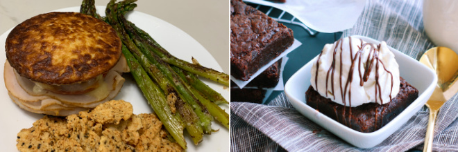 The left side of the picture shows John’s recipe for Chicken Milanese, plated with asparagus and cauliflower. The right side of the picture shows Autumn’s fudgy chocolate brownies topped with vanilla coconut milk ice cream.