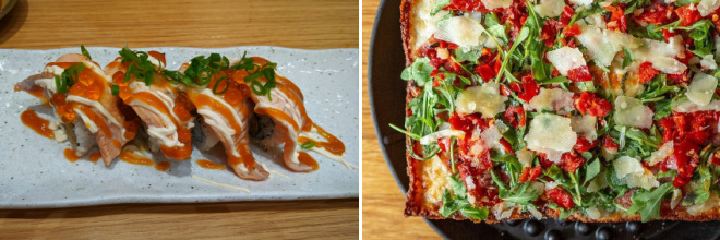 The left side of the picture shows Shani’s food freedom meal, sushi. The right side of the picture shows Steph K’s food freedom meal, Detroit-style pizza with gluten free crust.