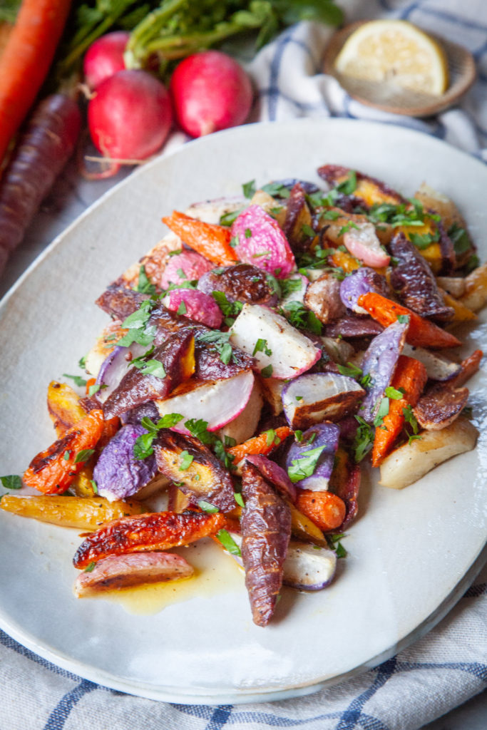Plate of roasted radishes and carrots