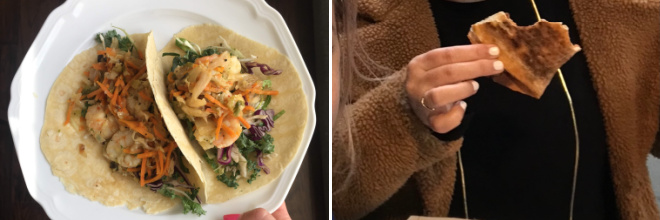 The left side of the photo shows Whitney’s favorite food freedom meal, shrimp tacos. The right side of the photo shows Ashley’s favorite food freedom meal, New York pizza.