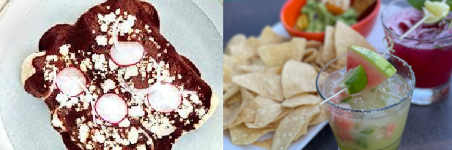On the right is a photo of a traditional mole dish. On the left side of the photo is a plate of chips and guacamole.