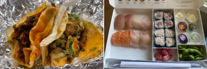 The let image is a photo of some delicious tacos. The left image has a box of various sushis. These are Phil and Erica's favorite Food Freedom meals. 