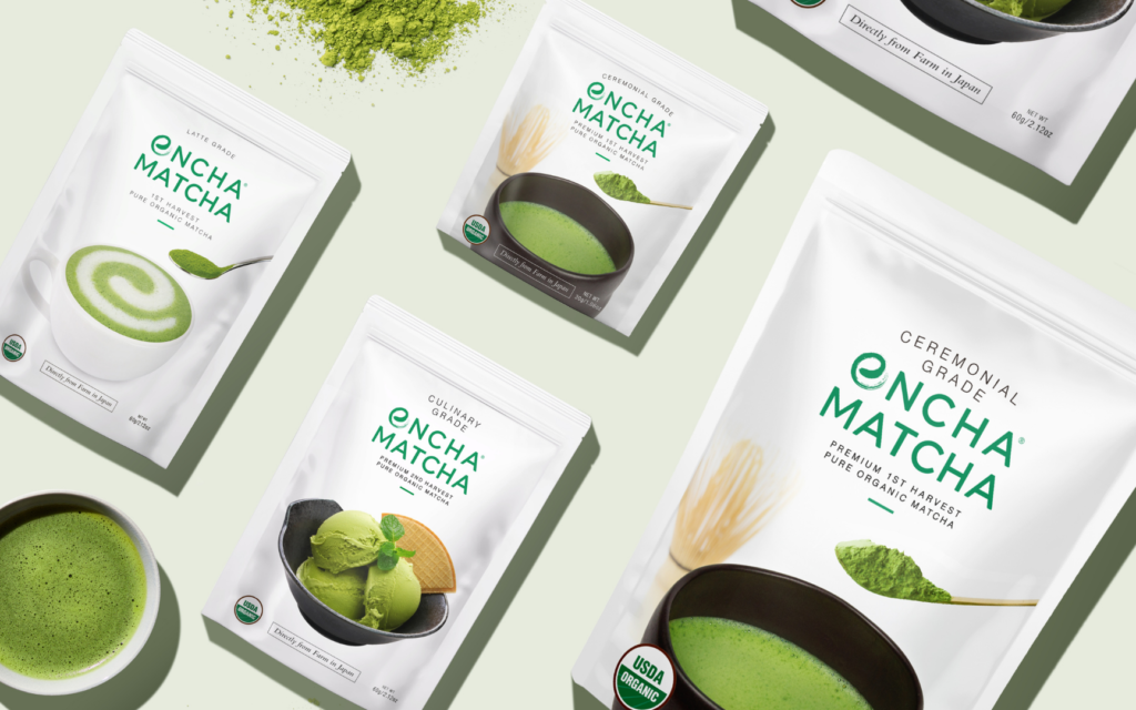 Encha Matcha packages on a light green background