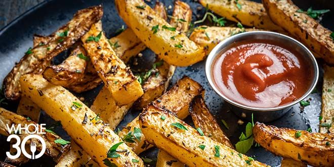 Whole30 Herbed Rutabaga Oven Fries with Spicy Garlic Ketchup