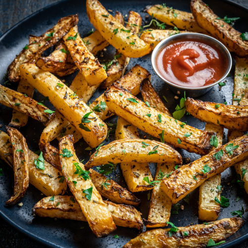 Whole30 Herbed Rutabaga Oven Fries with Spicy Garlic Ketchup