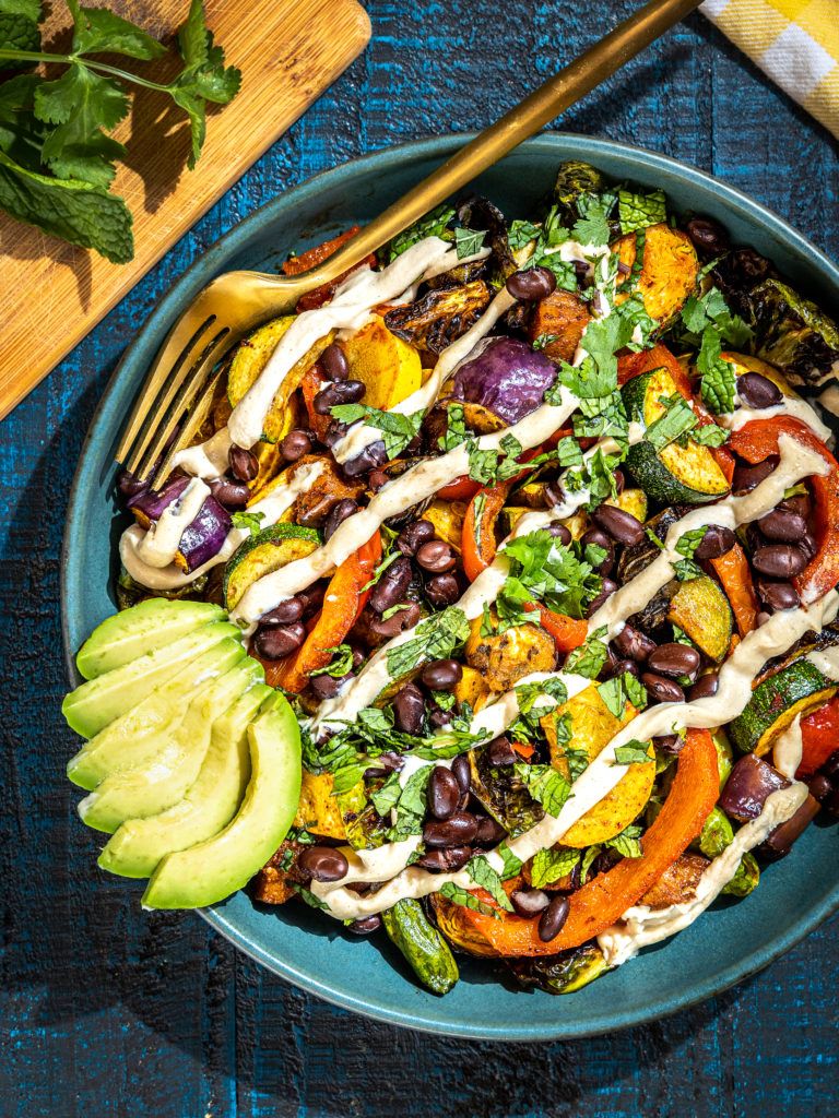 Plant-Based Whole30 Roasted Veggie-Black Bean Bowl with Tehina