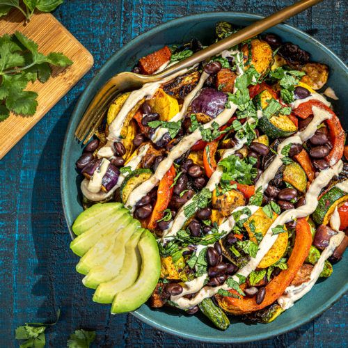 Plant-Based Whole30 Roasted Veggie-Black Bean Bowl with Tehina