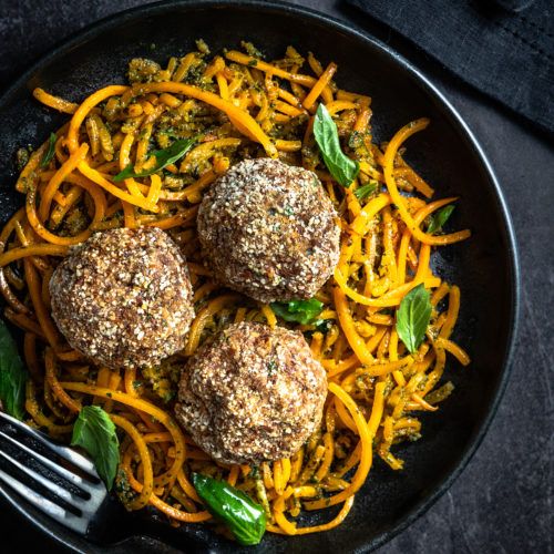 Plant-Based Whole30 White Bean-Mushroom Meatballs with Pesto-Butternut Squash Noodles