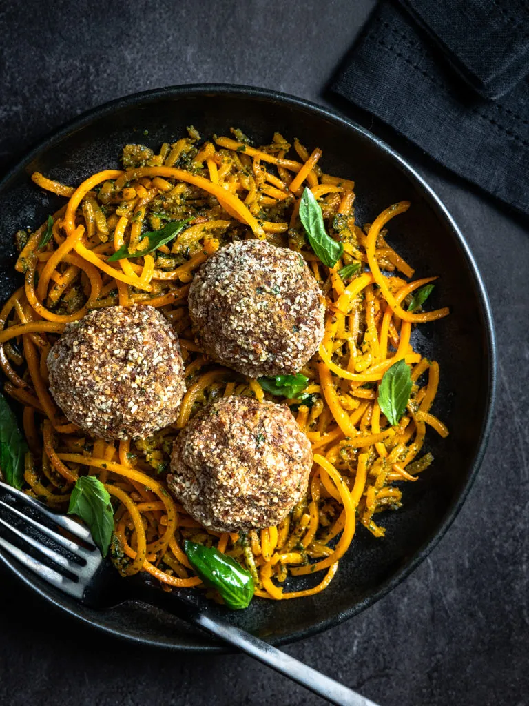 Plant-Based Whole30 White Bean-Mushroom Meatballs with Pesto-Butternut Squash Noodles