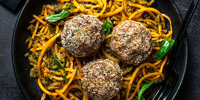 White Bean-Mushroom Meatballs with Pesto-Butternut Squash Noodles Recipe