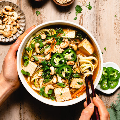 Quick Tofu and Mushroom Zoodle Soup