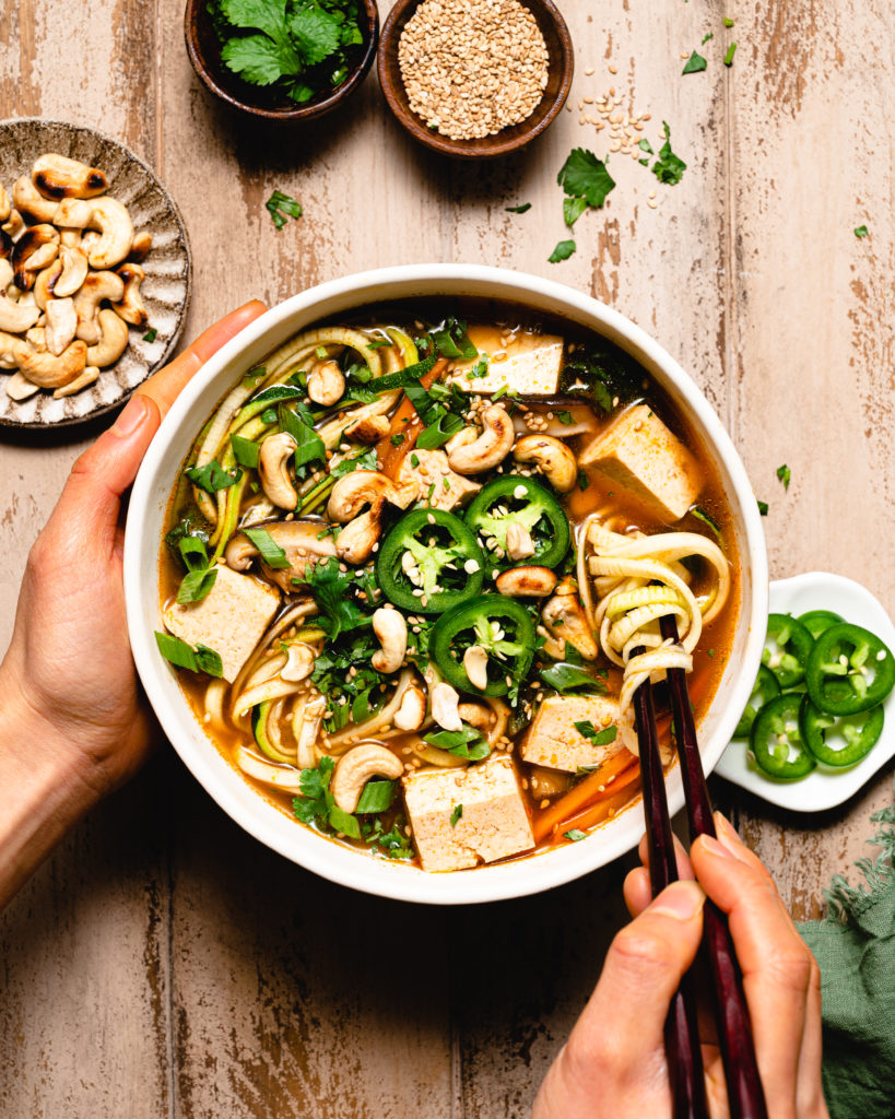 Quick Tofu and Mushroom Zoodle Soup