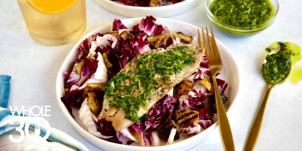 Grilled Rock Cod with Chimichurri and Radicchio Pineapple Salad