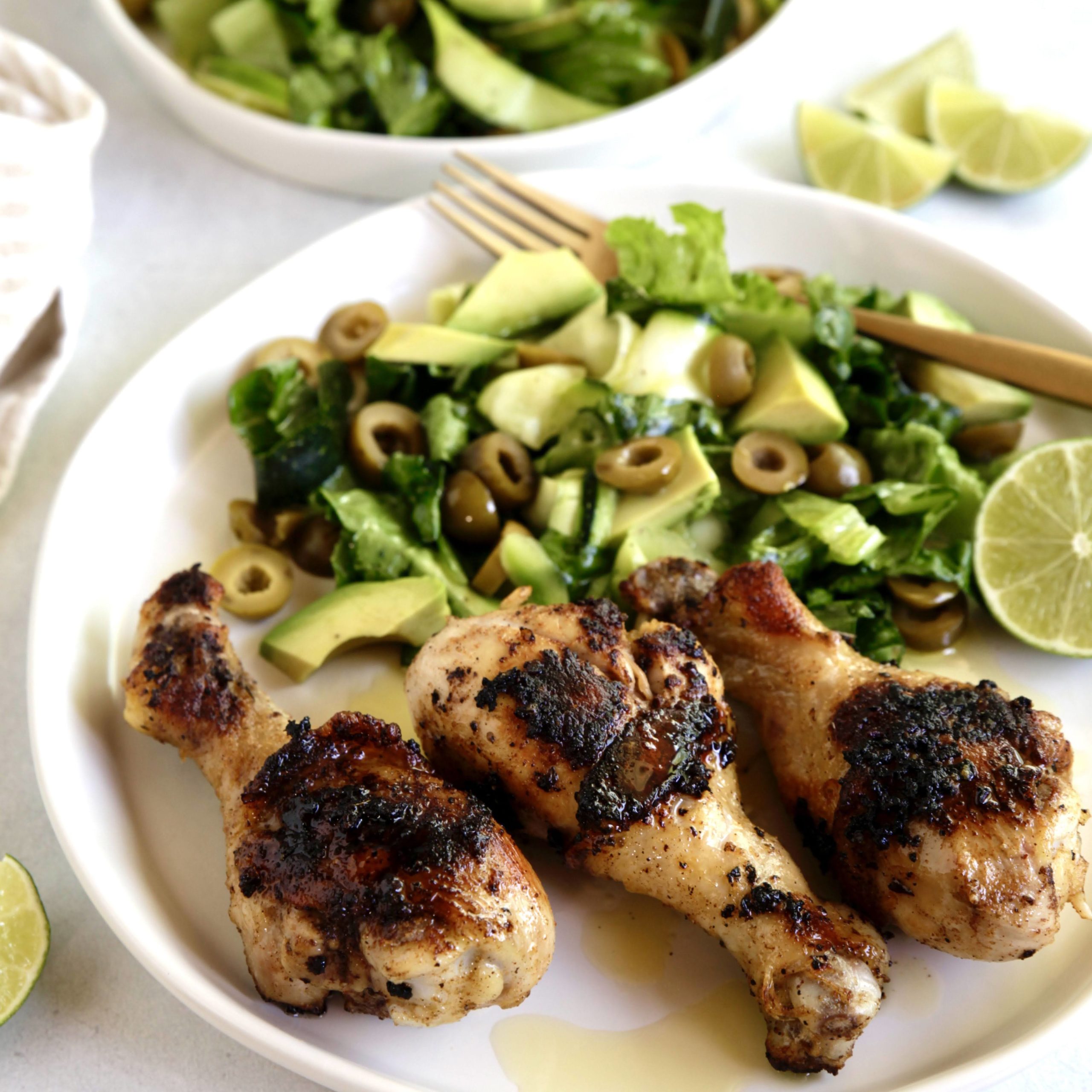 Grilled Drumsticks with Zucchini, Green Olive and Avocado Salad