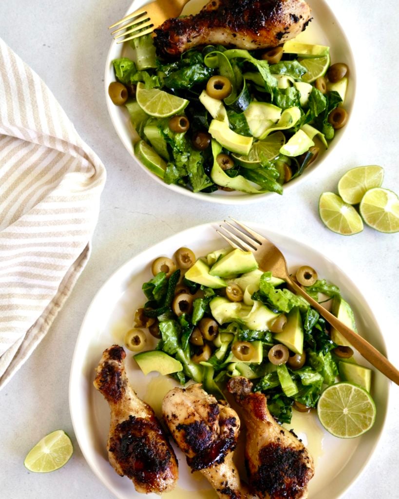 Whole30 Grilled Chicken Drumsticks with Zucchini Green Olive and Avocado Salad