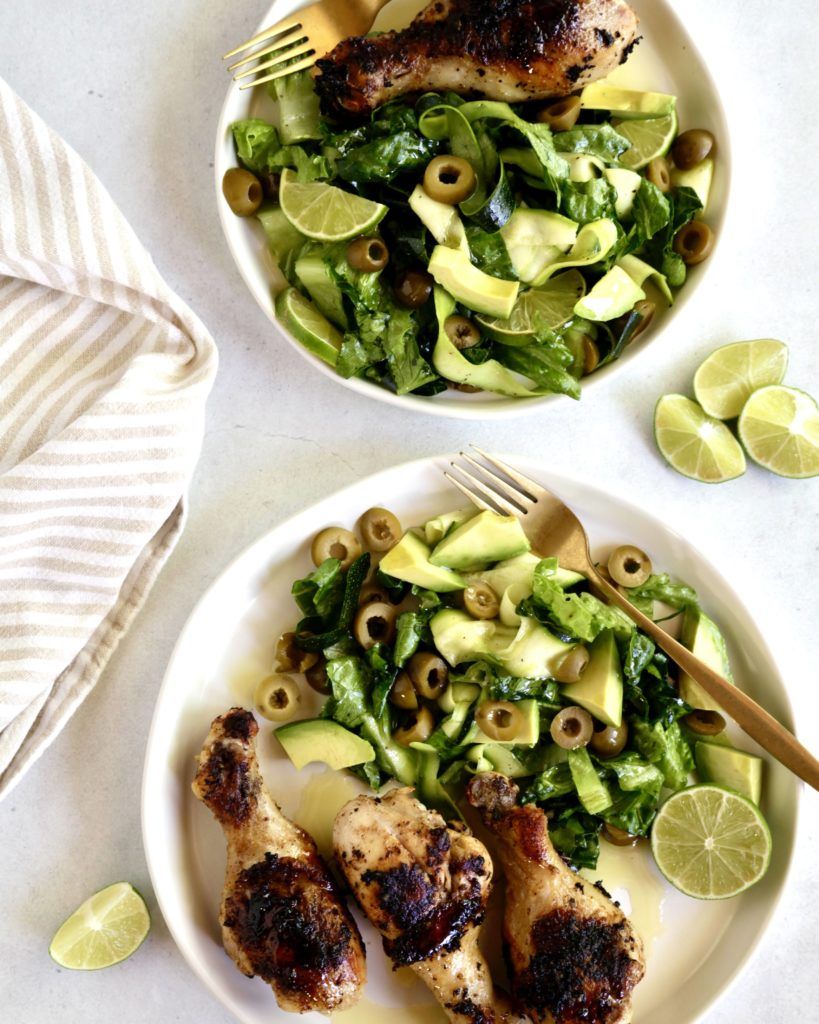 Whole30 Grilled Chicken Drumsticks with Zucchini Green Olive and Avocado Salad