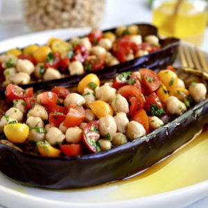 Plant-Based Whole30 Grilled Eggplant Boats with Chickpea and Cherry Tomato Salad and Lemon Vinaigrette.