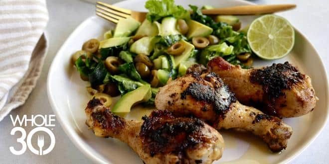 Whole30 Grilled Drumsticks with Zucchini Green Olive and Avocado Salad