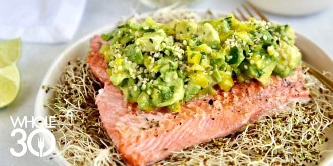 Whole30 Grilled Salmon with Yellow Bell Pepper and Avocado Salsa