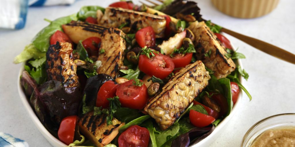 Plant-Based Whole30 Grilled Tempeh Salad with Tahini Balsamic Dressing