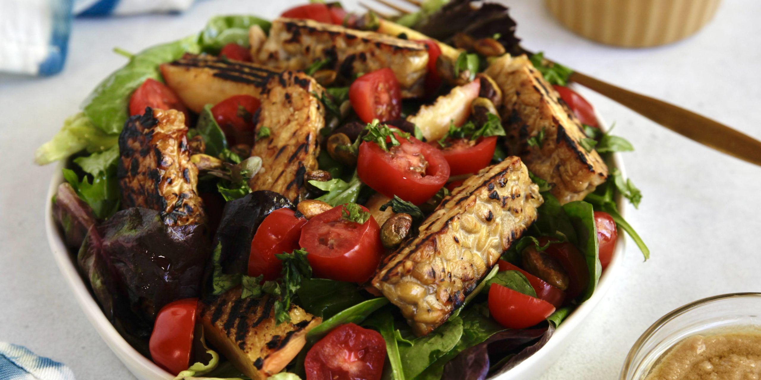 Plant-Based Whole30 Grilled Tempeh Salad with Tahini Balsamic Sauce