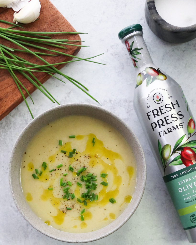 Whole30 Dairy Free Creamy Potato and Leek Soup with Olive Oil Drizzle