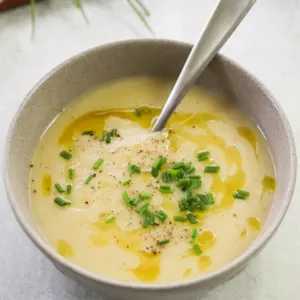 Whole30 Dairy Free Creamy Potato and Leek Soup with Olive Oil Drizzle