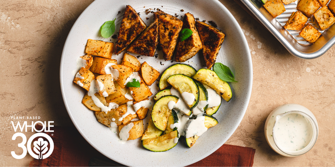 Tofu and Roasted Vegetable Sheet Pan Meal with Garlic Herb Tahini