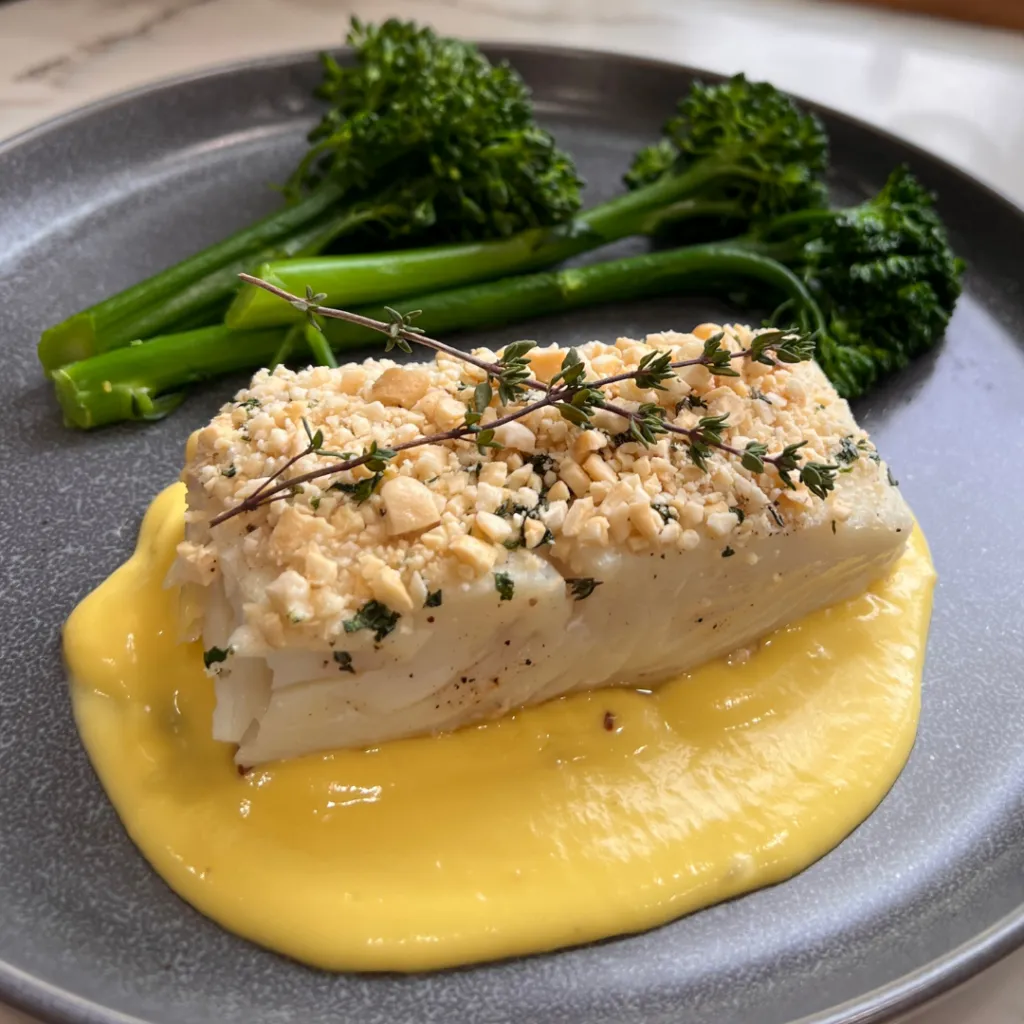 Cashew Crusted Halibut with Mango Butter Sauce