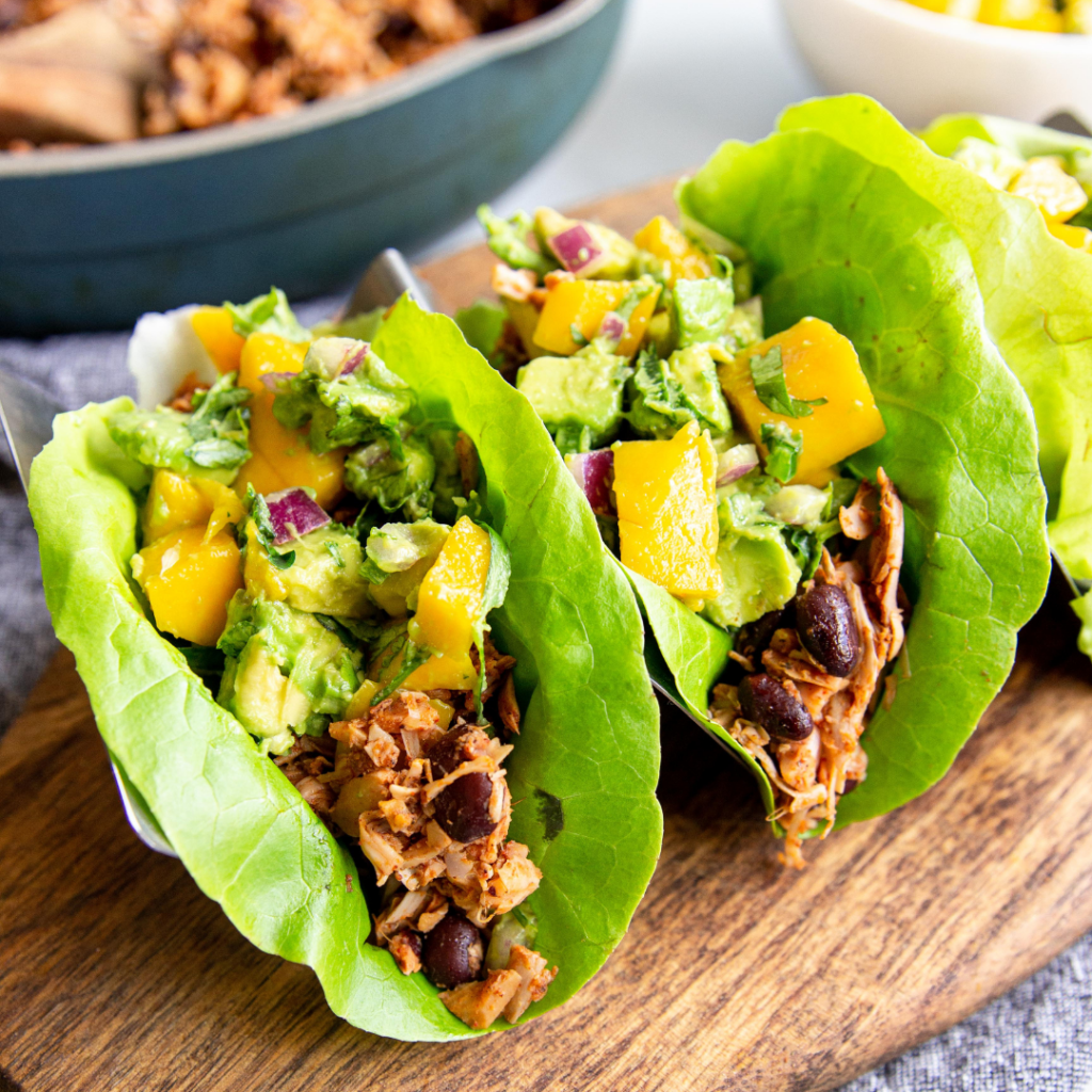 Jackfruit and Black Bean Tacos with Mango Avocado Salsa