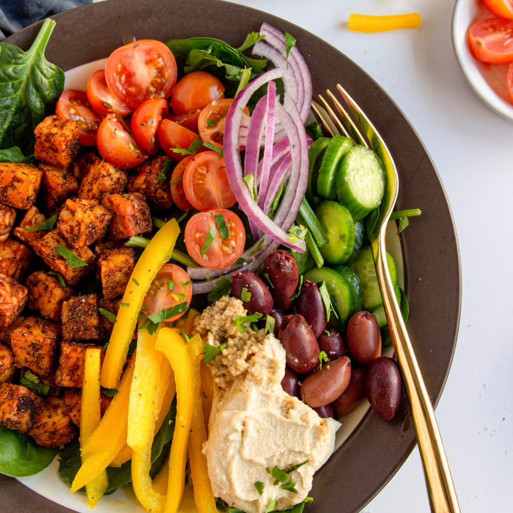 PlantBased Mediterranean Bowl with Blackened Tempeh