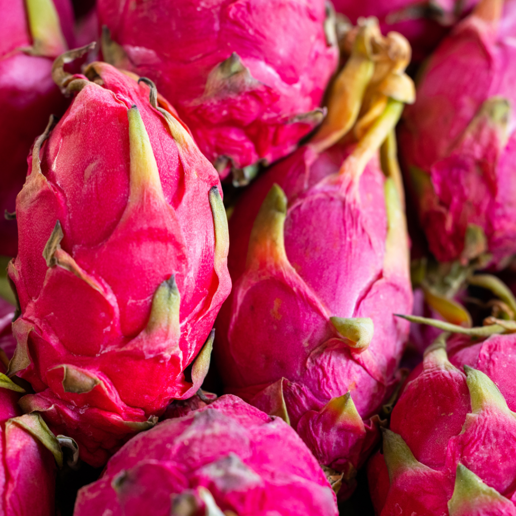 A group of dragon fruit. Dragon fruit has a striking pink and green exterior, with white flesh and tiny black seeds inside.