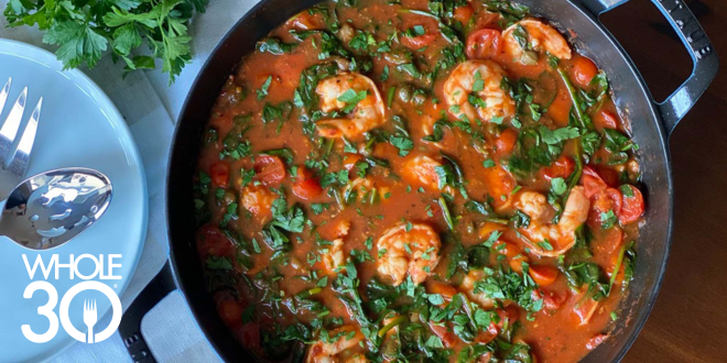 Whole30 Shrimp in Tomato and Spinach Sauce Blog Hero