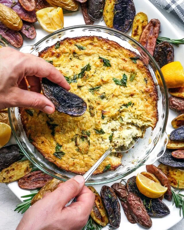 Hot Artichoke-Parsley Dip with Roasted Fingerling Dippers