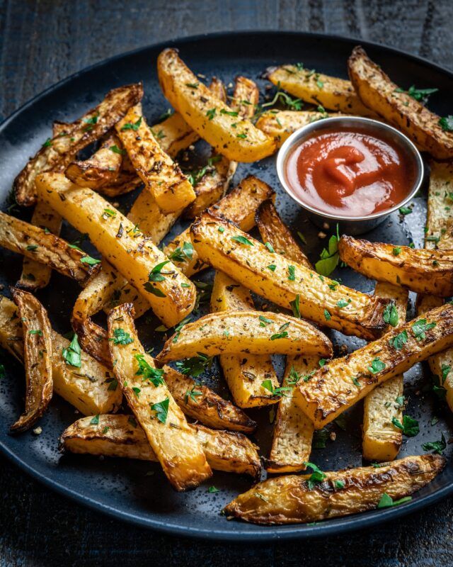 Herbed Rutabaga Oven Fries with Spicy Garlic Ketchup