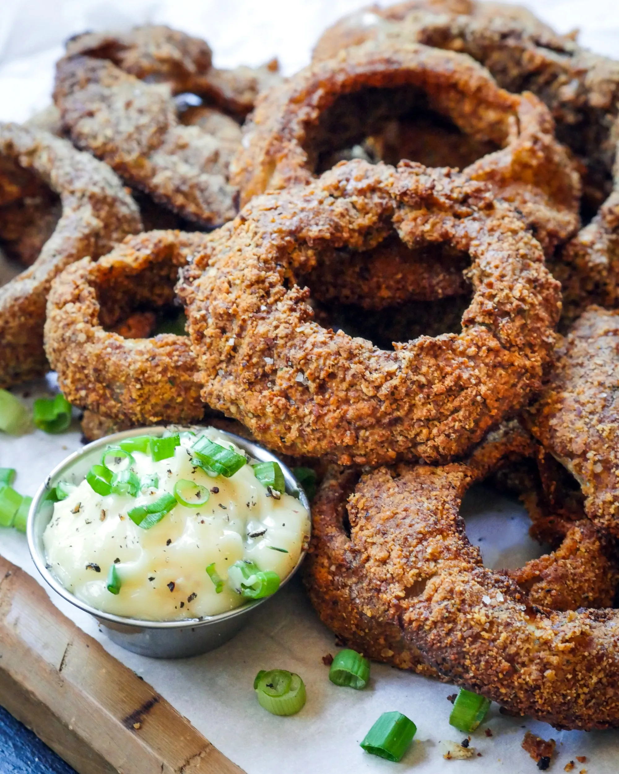 Whole30 Almond-Crusted Onion Rings with Green Onion–Cracked Pepper Aioli From The Whole30 Friends & Family